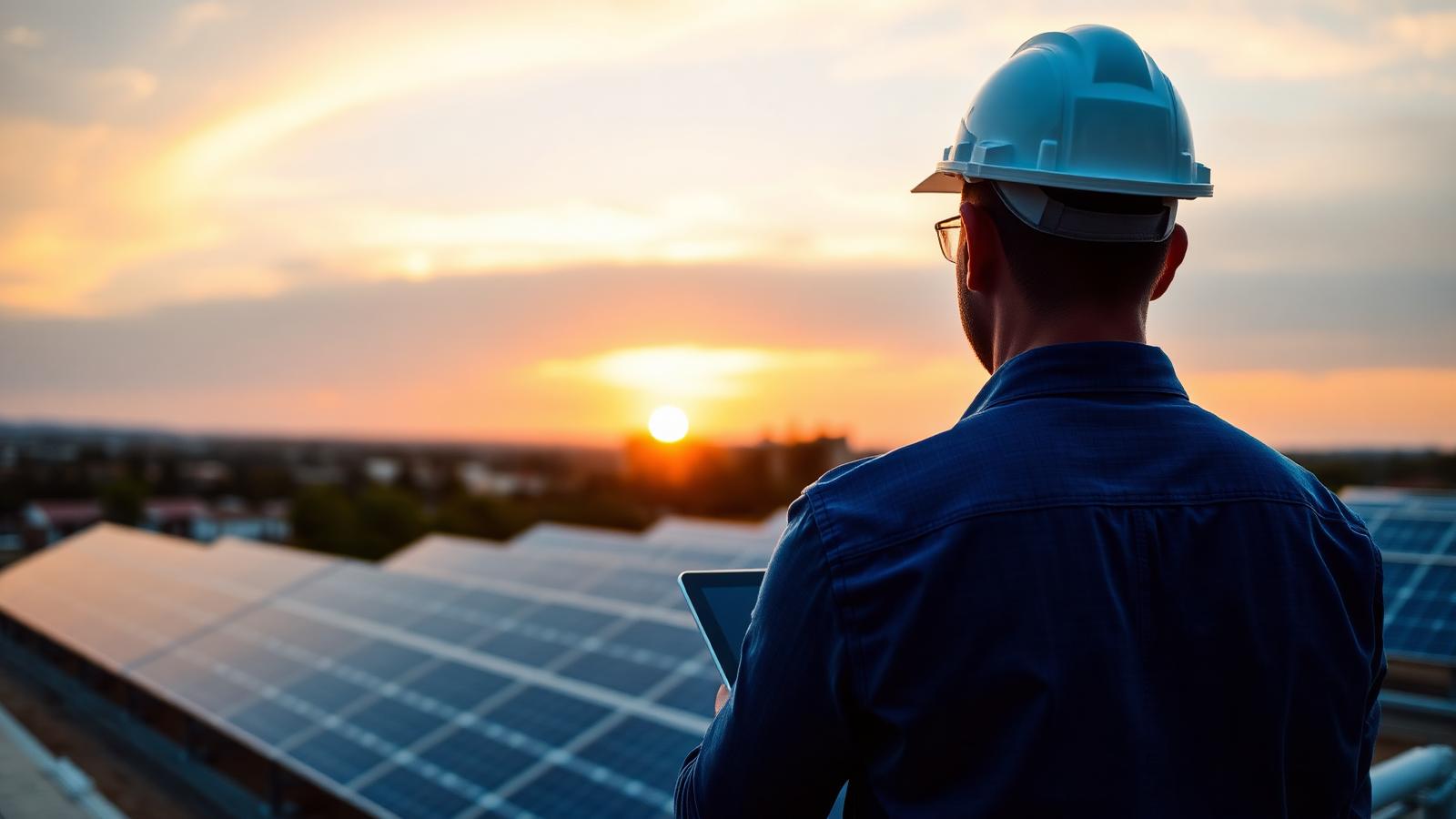 Engenheiro observando instalação de painéis solares ao pôr do sol